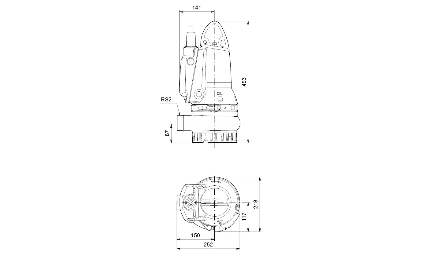 Grauguss-Tauchmotorpumpe von Grundfos mit vertikaler Bauweise und sichtbaren Anschlüssen. Maßzeichnungen mit Abmessungen und Details zur Installation.